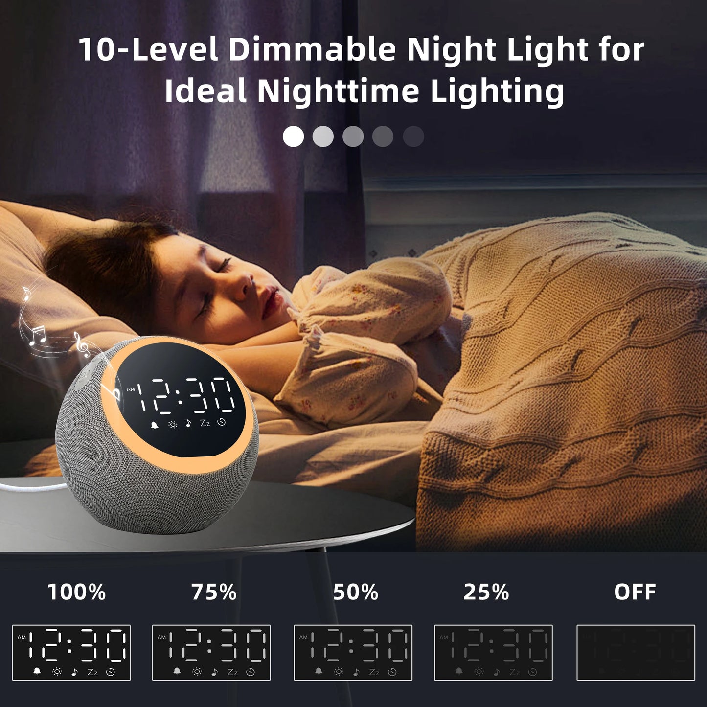 White Noise Sound Machine Alarm Clock with Night Light, 25 Soothing Sounds, 5W Stereo Speaker, SleepTimer, Dimmable Clock