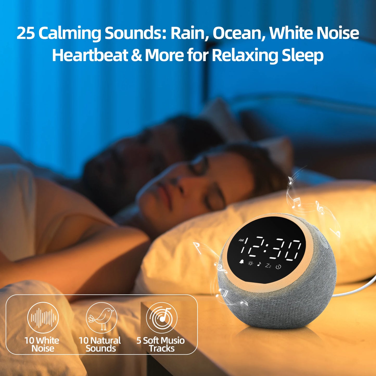 White Noise Sound Machine Alarm Clock with Night Light, 25 Soothing Sounds, 5W Stereo Speaker, SleepTimer, Dimmable Clock