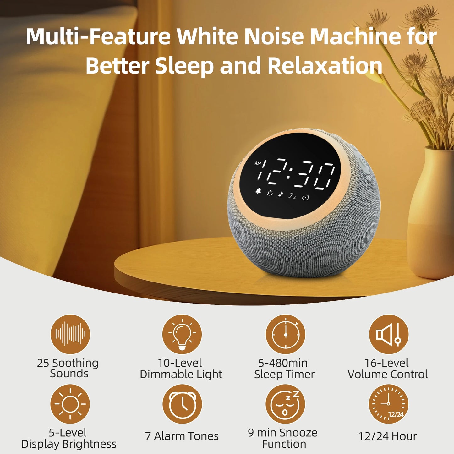 White Noise Sound Machine Alarm Clock with Night Light, 25 Soothing Sounds, 5W Stereo Speaker, SleepTimer, Dimmable Clock