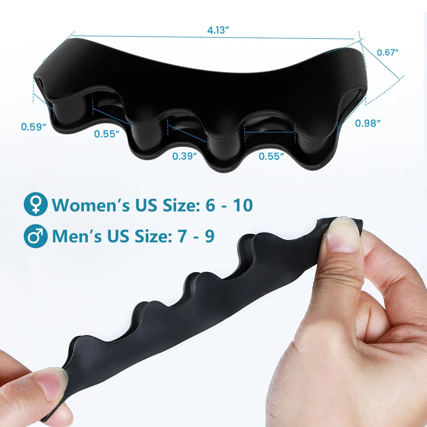 Black silicone product with measurements and size information for women's and men's sizes.