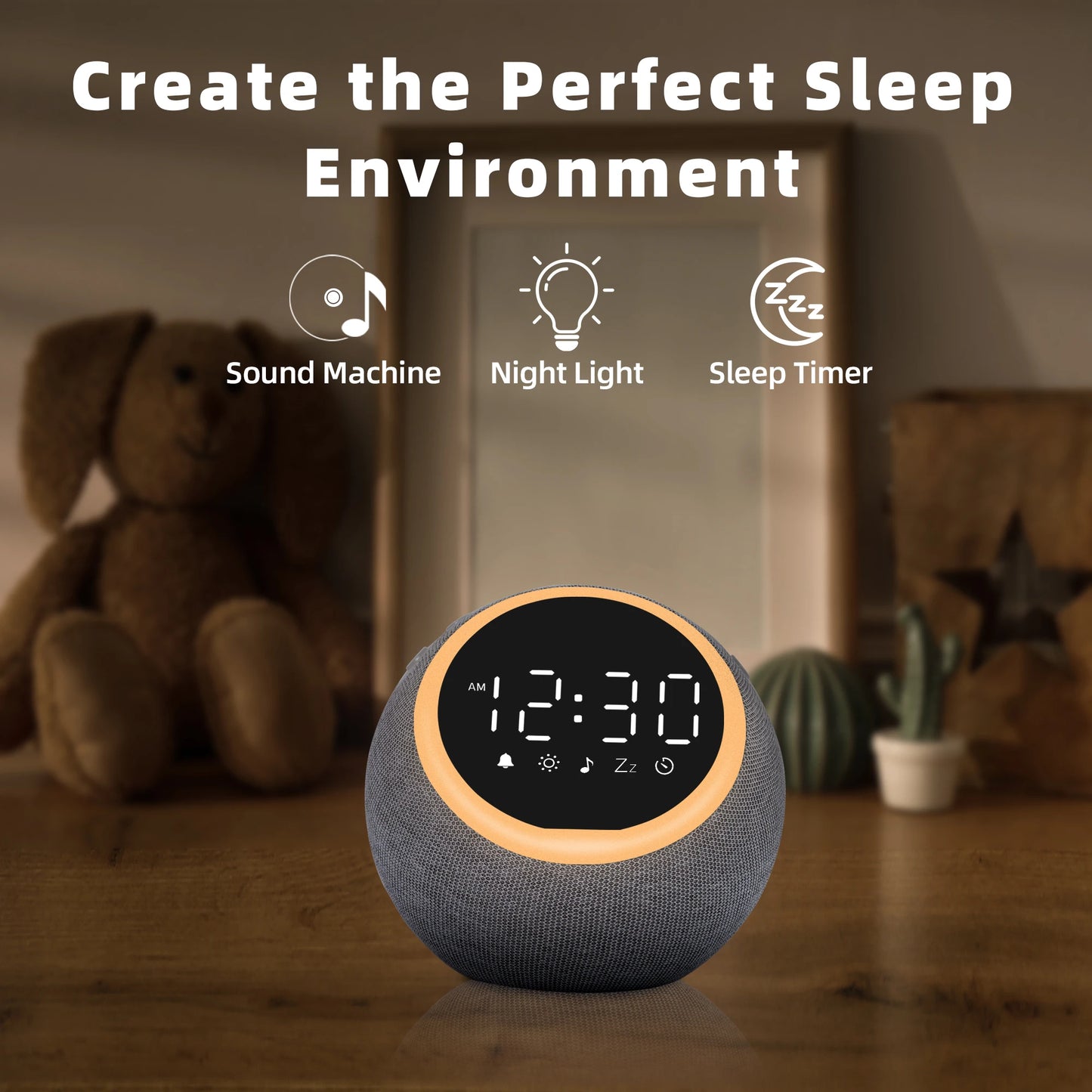 White Noise Sound Machine Alarm Clock with Night Light, 25 Soothing Sounds, 5W Stereo Speaker, SleepTimer, Dimmable Clock
